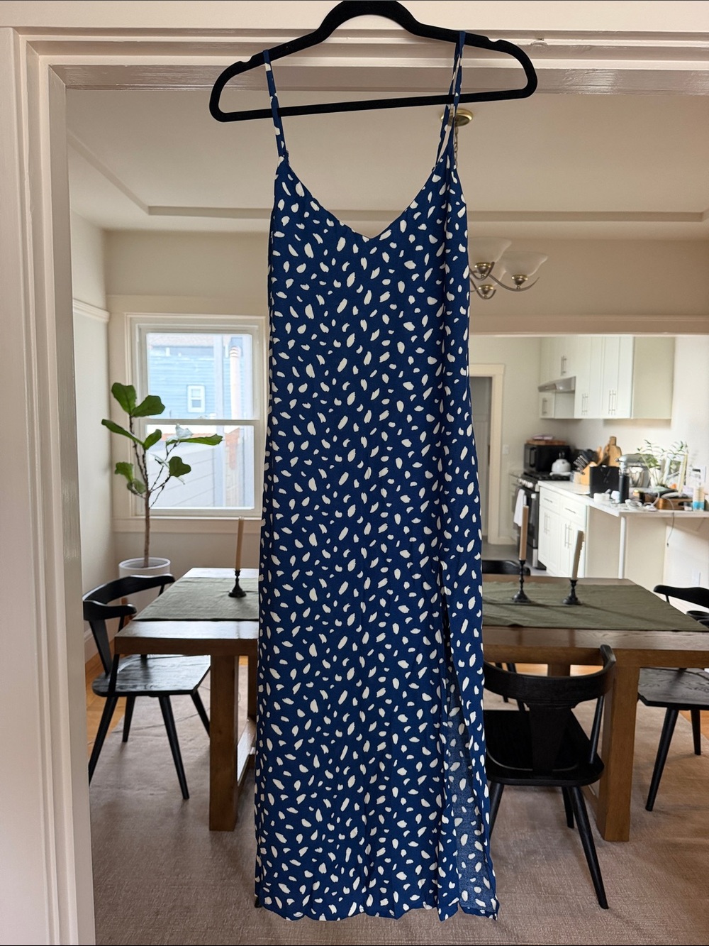 Reformation Navy Blue Slip Midi Dress with White Dot Print